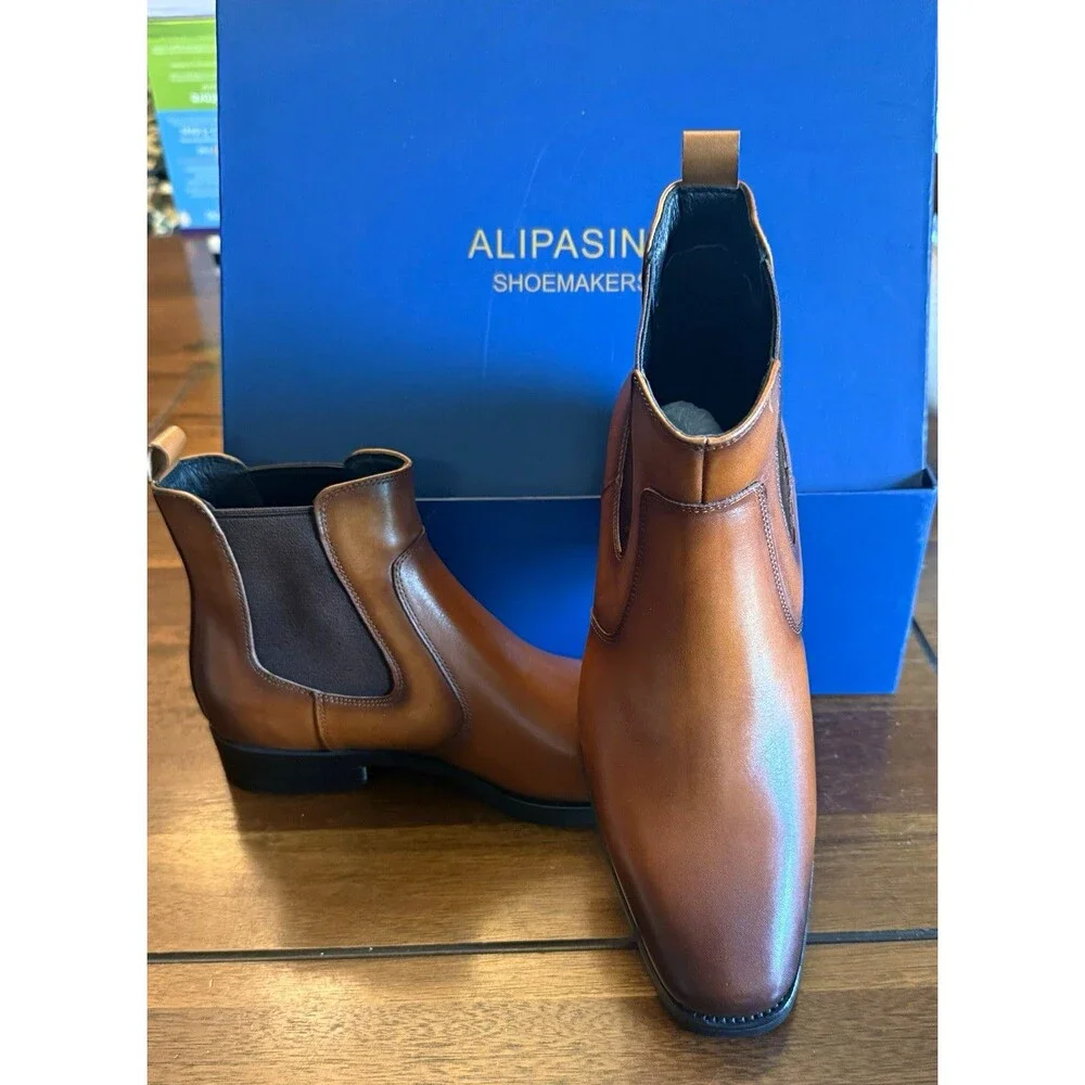 ALIPASINM Men's Brown Leather Chelsea Ankle Pull-On Boots Size 7